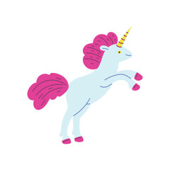 Magical unicorn with pink tail and mane, vector cartoon fairy tale character illustration, childrens hand drawing