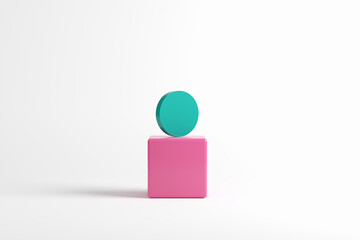 Green cylinder on top of a pink cube on white background.