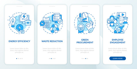 2D blue thin line icons representing sustainable office mobile app screen set. 4 steps graphic instructions, UI, UX, GUI template.