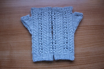 Hand knitted beaded mittens with alpaca wool. Laced and cabled texture III