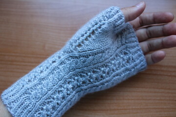 Hand knitted beaded mittens with alpaca wool. Laced and cabled texture I