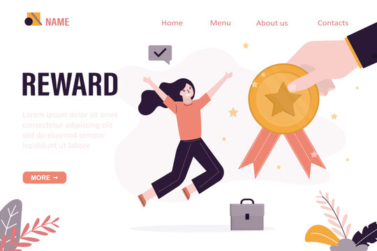 Reward, landing page template. Ambition to succeed, motivation to get reward and take first place. Happy businesswoman winner with gold medal. Congratulation, award, best worker of month.