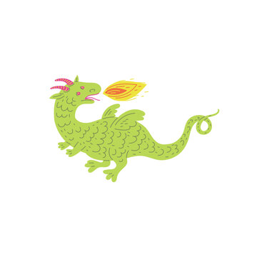 Green dragon fiery flame breathing, cute dinosaur fairy with wings and horns, vector cartoon fairy tale character