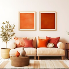 Sample living room with warm colors comfortable atmosphere and  simple decoration photo frame mock up generated AI