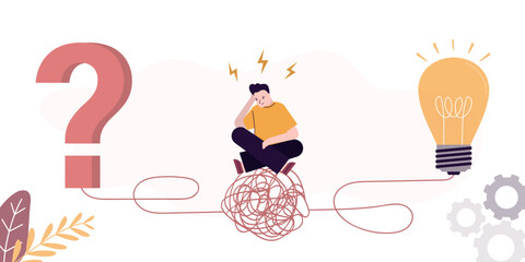 Unhappy businessman sitting on messy chaos. Problem with creativity, lack of ideas. Brainstorming difficulties, emotional crisis, business burnout. Search answers. Disorder male employee.