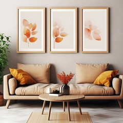 Sample living room with warm colors comfortable atmosphere and  simple decoration photo frame mock up generated AI