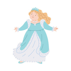 Blonde princess in blue dress with crown and jewelry, romantic young fat little queen, vector multi ethnic fashion girl