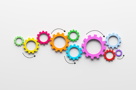 Business processes, teamwork and workflow automation concept. Cogwheels or gears on white background.