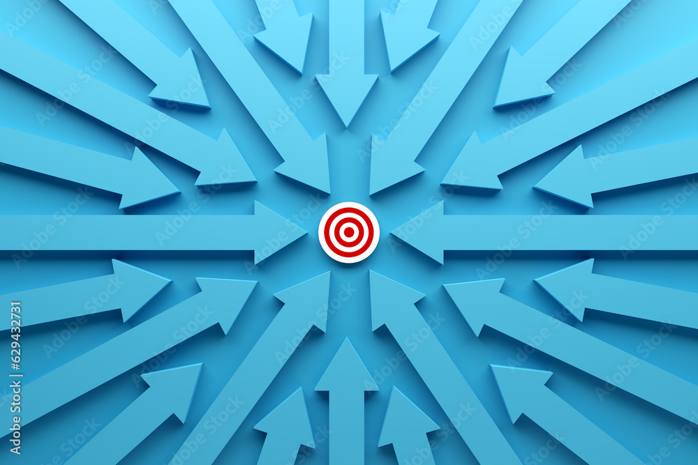 Wall mural business target goal setting and achievement. blue arrows pointing towards the button with target go