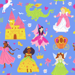 Seamless vector pattern with fairy tale characters and symbols, multi ethnic beautiful princesses, castle, brougham