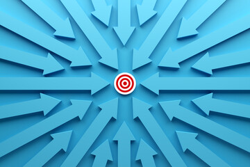 Business target goal setting and achievement. Blue arrows pointing towards the button with target goal symbol.