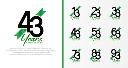 set of anniversary logo black color number and green ribbon on white background for celebration