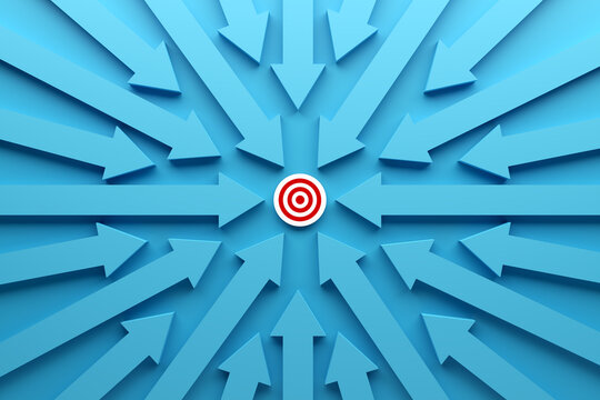 Business target goal setting and achievement. Blue arrows pointing towards the button with target goal symbol.