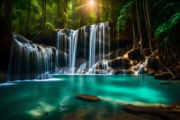 Erawan waterfall tier 3 in the national park at Kanchanaburi, Thailand. The waterfall emerges from the verdant forest, flowing gracefully down the rocky tiers generative ai technology
