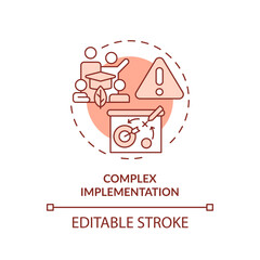 Editable complex implementation red icon concept, isolated vector, sustainable office thin line illustration.