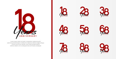 set of anniversary logo flat red color number and black text on white background for celebration