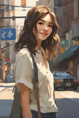 Fototapeta premium beautiful woman perfect symmetrical eyes, long wavy brown hair, vintage haircut, open smile, beautiful highly detailed face, city street