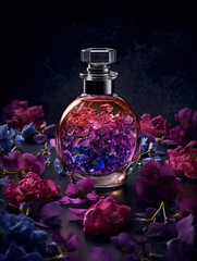 Obraz na płótnie Canvas Elite perfume with beautiful flowers. Template for product presentation. Generative AI.