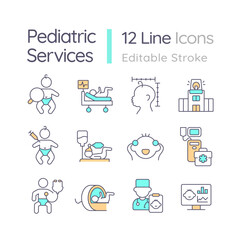 Fototapeta na wymiar Pediatric care RGB color icons set. Medical service. Child development. Childcare center. Family insurance. Isolated vector illustrations. Simple filled line drawings collection. Editable stroke