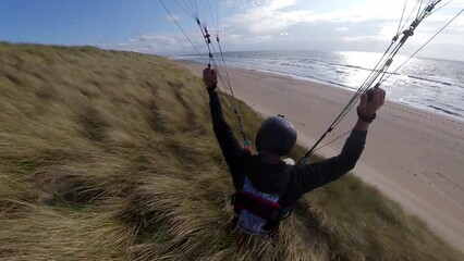 Paraglider Flying Close To Beach, Extreme Sports, Coastal, High Speed Speed Soaring, Beach Sand, Summer Day, Close Up Action Cam, Insta360, Langevelderslag, Netherlands 