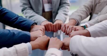 Business people, fist and circle with support, teamwork and meeting with motivation, growth and collaboration. Staff, group or professionals with hand gesture, solidarity or planning with partnership
