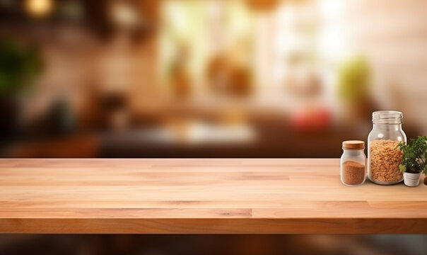 empty wooden table positioned against the backdrop of a blurred kitchen bench
