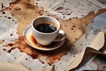 Cup of coffee spilt. For grunge advertisement design, copy space