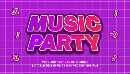 Fototapeta na wymiar Music party editable text effect template, 3d cartoon retro style typeface, premium vector 