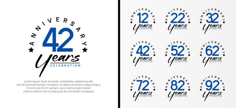 set of anniversary logo flat blue color number and black text on white background for celebration