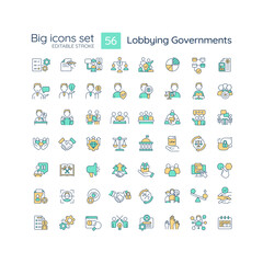 Editable big icons set representing lobbying government, isolated vector, thin line illustration.