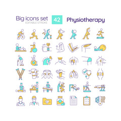 Physiotherapy RGB color icons set. Physical therapy. Rehabilitation exercise. Pain management. Post surgery. Isolated vector illustrations. Simple filled line drawings collection. Editable stroke