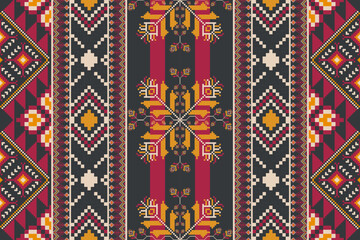 Ethnic embroidery stripes pattern. Vector ethnic geometric shape seamless pattern colorful vintage pixel art style. Ethnic geometric stitch pattern use for textile, carpet, cushion, wallpaper, etc.