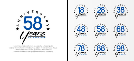 set of anniversary logo flat blue color number and black text on white background for celebration