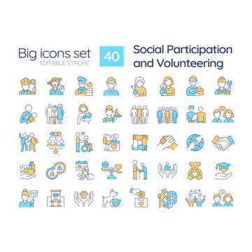 Social participation and volunteering RGB color icons set. Community involvement. Civic engagement. Non profit. Isolated vector illustrations. Simple filled line drawings collection. Editable stroke