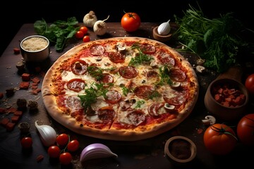 Tasty looking baked pizza product photo with ingredients around it, top perspective, generative ai