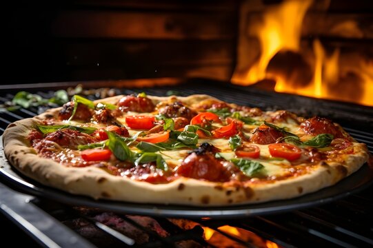 Tasty looking pizza baking in oven, product photo for commercial, generative ai