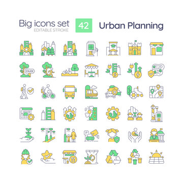 Urban planning RGB color icons set. City growth. Infrastructure development. Sustainable architecture. Isolated vector illustrations. Simple filled line drawings collection. Editable stroke