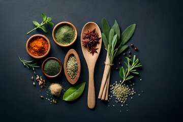 spices and herbs on wooden spoons by Generated with AI technology