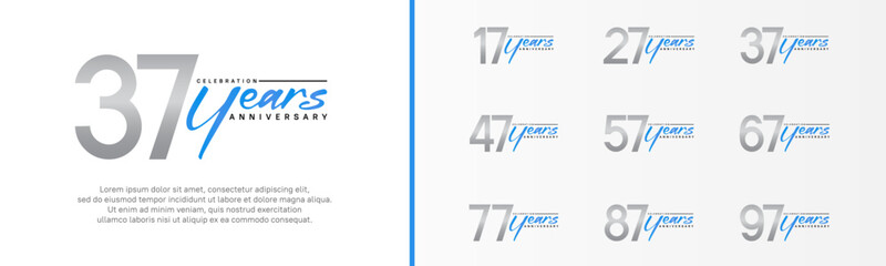 set of anniversary logo silver color number and blue text on white background for celebration - obrazy, fototapety, plakaty