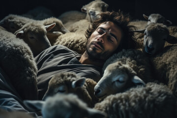 Obraz premium Man tries to sleep and counting sheep in the bed 