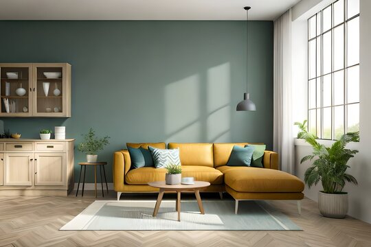 Farmhouse interior living room, empty wall mockup in green room with wooden furniture and lots of green plants. Modern living room. 3d render