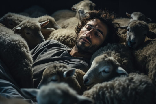 Man tries to sleep and counting sheep in the bed 