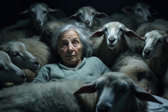 Old woman tries to sleep and counting sheep in the bed 