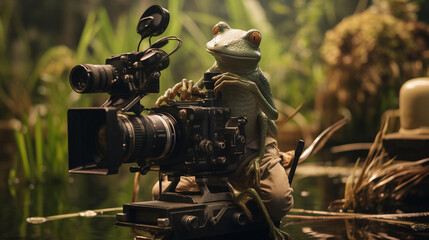 Frosch als Filmemacher und Fotograf lustig als Cartoon und Comic, ai generativ