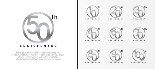 set of anniversary logo silver color number in circle and black text on white background for celebration