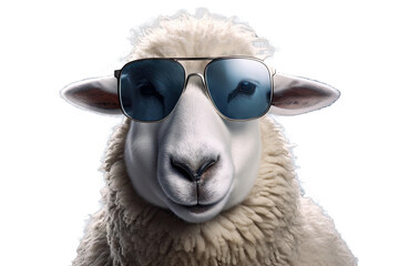 Fototapeta premium Abstract of fashion style sheep wearing sunglasses portrait isolated on clean png background, sheep fur multi colored colorful on skin body and hairs paint, with Generative AI.