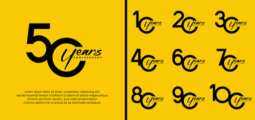 set of anniversary logo black color number on yellow background for celebration