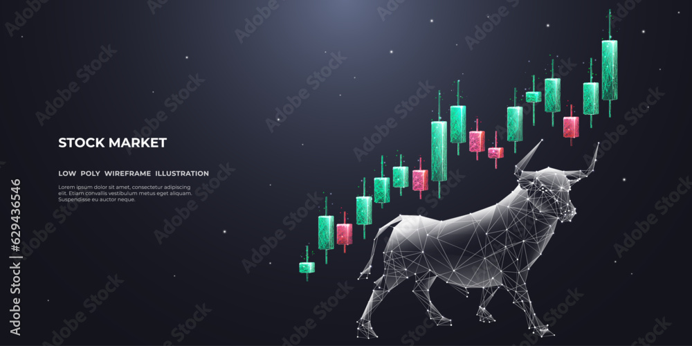 Poster Japanese candlesticks and a Bull on dark background. Abstract Stock market exchange or financial technology concept. Low poly wireframe vector illustration. Polygonal bull with futuristic elements.