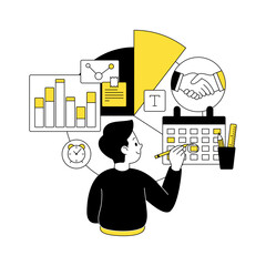 Scenes with men and women taking part in business activities. Business Concept illustrations. Business appointment scheduling, deal, shaking hands, analytics, partnership. Vector illustration