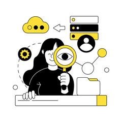 Scenes with men and women taking part in business activities. Business Concept illustrations. Cloud synchronization, web search, personal advertising, search query analysis. Vector illustration